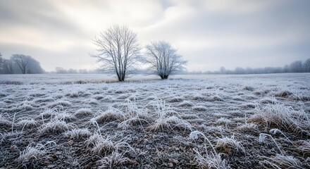 Frosty Landscape A serene winter meadow with frozen grass and trees under a soft, cloudy sky Background