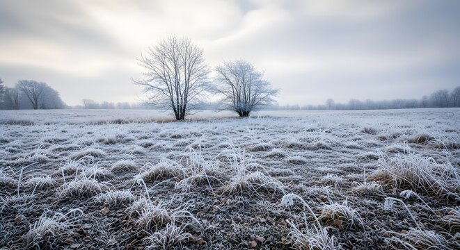 Frosty Landscape A serene winter meadow with frozen grass and trees under a soft, cloudy sky Background