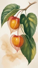 Botanical illustration featuring two chinese lantern fruits hanging from a branch with leaves