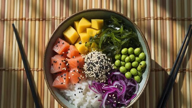 A fresh bowl of healthy Japanese food ingredients features green vegetables like lettuce and red tomato for a light meal