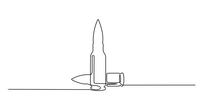 Bullet Cartridge continuous one line drawing, simple line minimalist 4k animation video, Single continuous line drawing of a bullets. Continuous line military bullet single line vector shot bullet pro