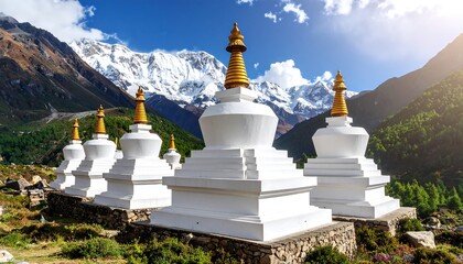 White stupas against a snowy mountain backdrop