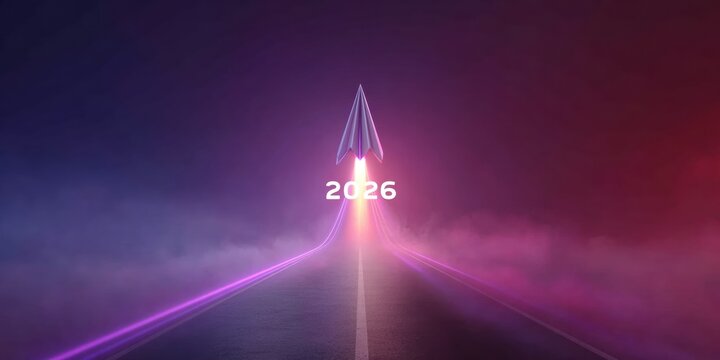 Paper Airplane Rocket Launching Towards 2026 On Futuristic Road With Neon Smoke Trails, Startup Growth Concept