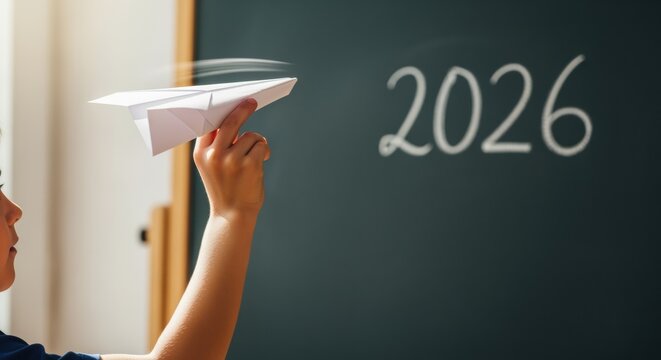 Child's Hand Launching Paper Airplane Towards Handwritten 2026 On Blackboard, Future Education Concept - Powered by Adobe