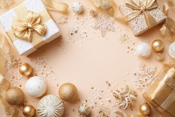 Golden gifts and ornaments create a warm Christmas scene with snowflakes and ribbons, perfect for NewYear greetings, holiday catalogs, and festive promotions