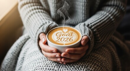 Hands Holding Steaming Coffee Cup with 2026 Goal Latte Art and Cozy Knitwear