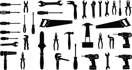 Silhouette collection of hand tools and power tools vector illustration, black icon set for construction, repair, workshop, maintenance, and industrial design projects