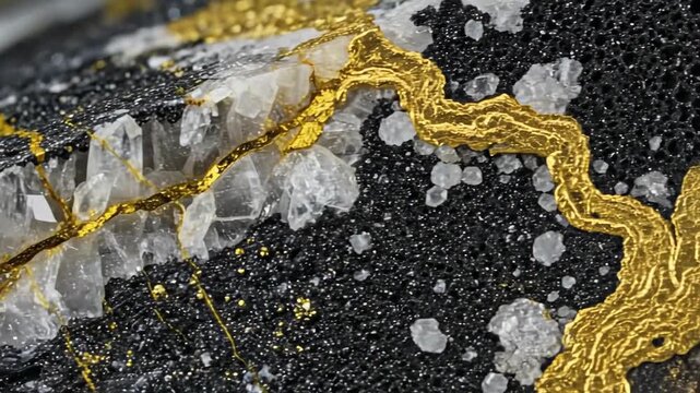 Close-up of a black rock with a golden vein and white crystals, a mesmerizing natural formation.