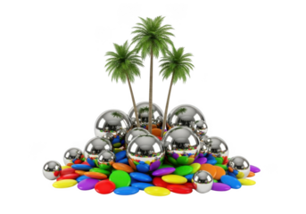 Palm trees, shiny spheres isolated on transparent background