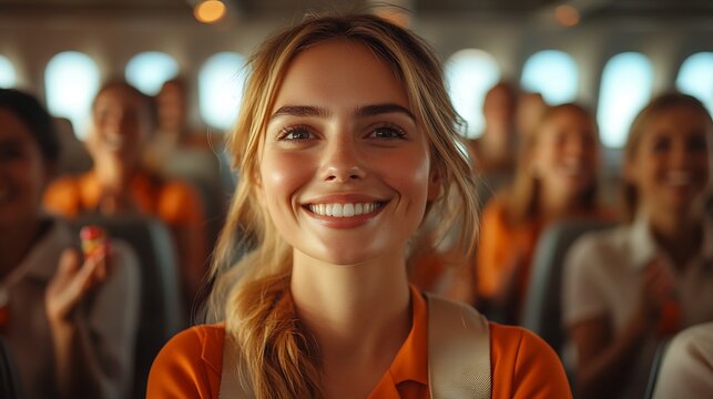 Post landing celebration onboard with passengers clapping smiling flight attendants distributing candies and the airplane taxiing towards the gate