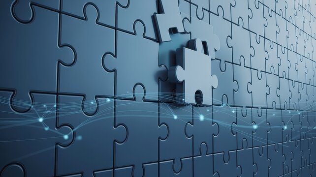 Completing a digital abstract puzzle structure with connecting light trails