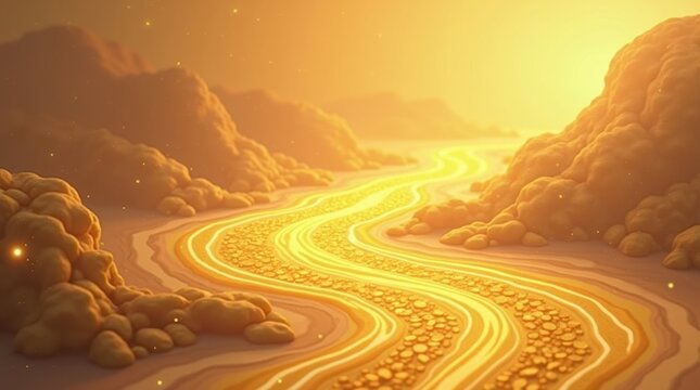 Golden river flowing through majestic mountains under a warm sunset