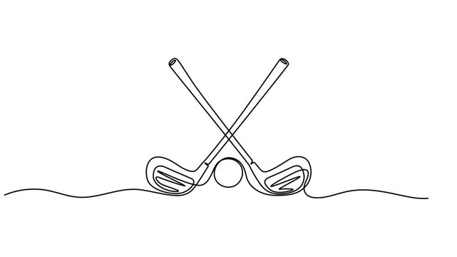 Self drawing animation of continuous line golf club and ball. Animated self animation Golf stick line continuous drawing, Full length animated,  minimalist and elegant icon representing popular sport.