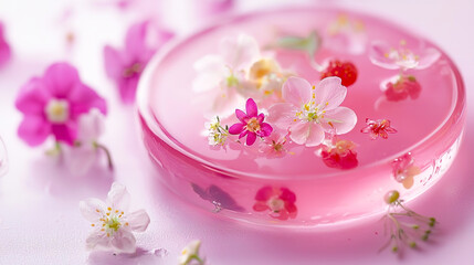 可愛いお花で飾り付けたピンク色のゼリー