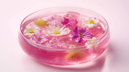 可愛いお花で飾り付けたピンク色のゼリー