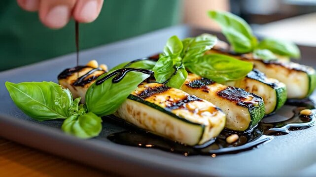 Grilled zucchini appetizer with fresh basil and balsamic glaze healthy vegetarian dish