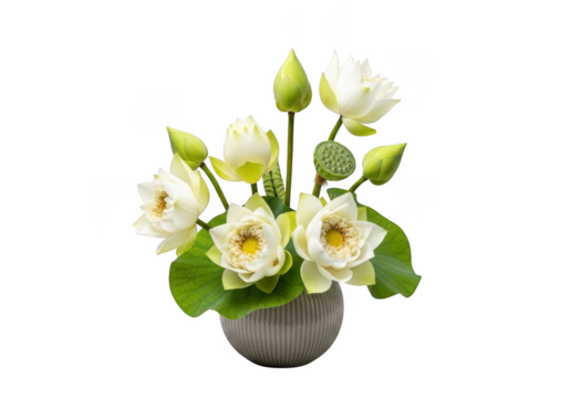 White lotus flowers in a decorative vase isolated on transparent background
