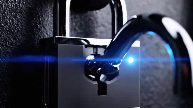 Close-up of a metallic padlock secured to a dark textured surface, blue LED glow, advanced security