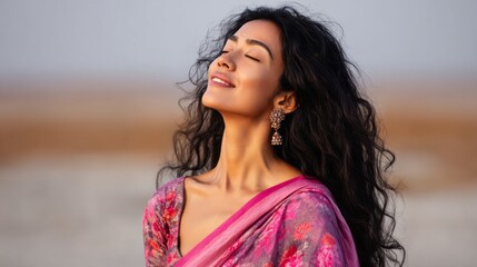 A woman with flowing hair stands in a bright sari, eyes closed, embracing the warm sunlight. The serene outdoor setting enhances her peaceful expression, creating a calming atmosphere
