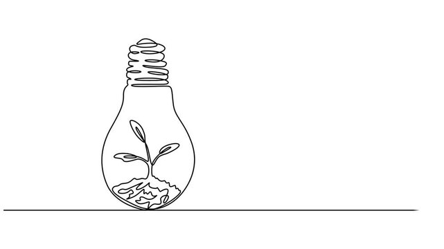 Animated illustration continuous line light bulb with tree sprout inside. Eco energy concept, Creative concept of Green energy and environmental friendly sources. Full length one line animation. 4K.