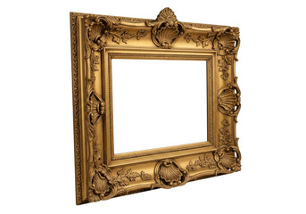 Ornate gold picture frame with carving isolated on transparent background
