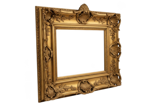 Ornate gold picture frame with carving isolated on transparent background