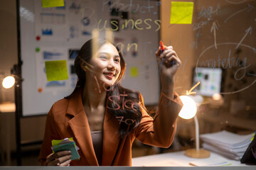 Asian businesswoman writing business strategy on glass board