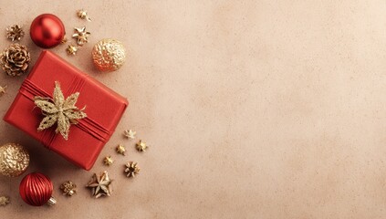 Festive Red Gift Box with Gold and Red Christmas Decorations on Beige Background