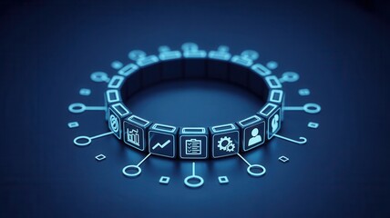 Digital interface elements form a glowing ring structure on a dark background