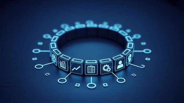 Digital interface elements form a glowing ring structure on a dark background