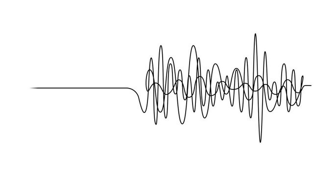 Continuous one line drawing of sound wave with different amplitude. Soundwave line self drawing animation, Music audio frequency, voice line waveform. radio signal. Full length single line animation.