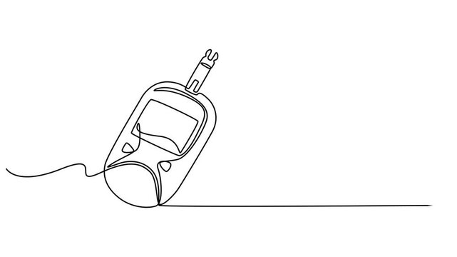 Sugar meter continuous one line drawing animation. Glucometer pharmacy equipment animation video, Animated self drawing of continuous line draw Blood sugar meter. One continuous line drawing of Blood.