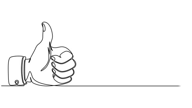 Animation of a single line drawing of a thumbs up gesture. Continuous contour movement of a thumbs up gesture, Animated self drawing of continuous line draw hand thumb up. Full length one line video.