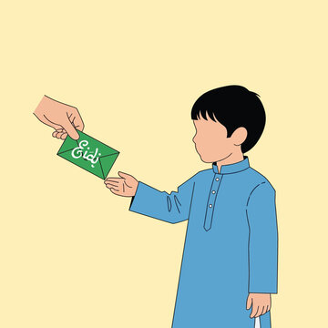A person handing an envelope labeled "Eidi" to a young child.