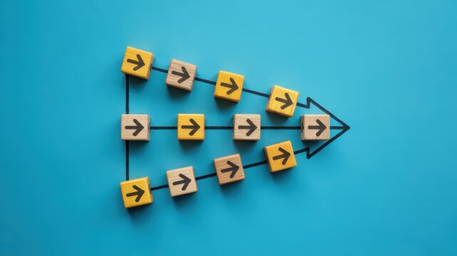 Multiple streams of wooden blocks with directional arrows converge into a single unified path.