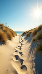 Coastal dune hike; sunlit sand, footprints, sea breeze, bright, hike, calm