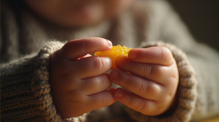 Baby led weaning approach encourages exploration of food, fostering independence and sensory experiences during mealtime