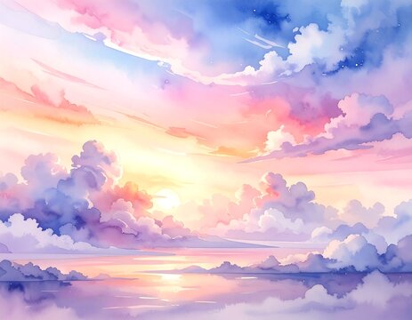 Soft watercolor depiction of a sunrise with fluffy clouds and reflection - Powered by Adobe
