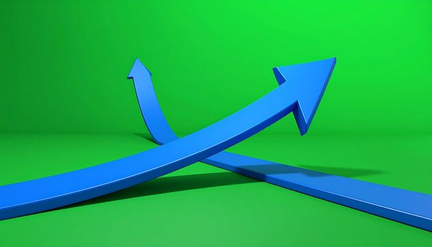Two blue upward arrows intersect against a vibrant green background, one curving above the other