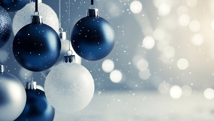 Christmas background featuring hanging ornaments in navy-blue, silver, and frosted white tones. Soft shallow depth of field with cool&ndash;warm blended blurred lights in the background.