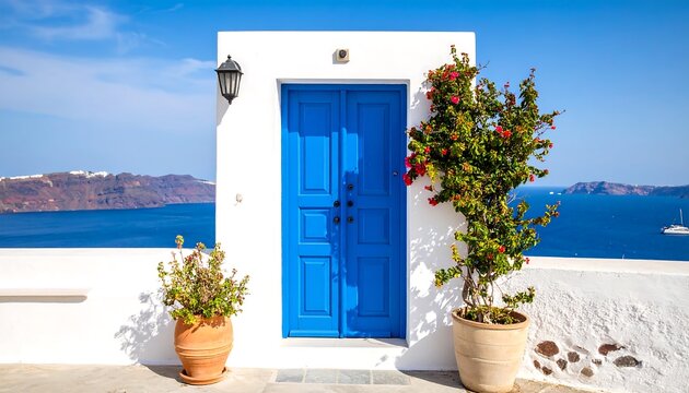 Whitewashed building with blue door overlooking caldera