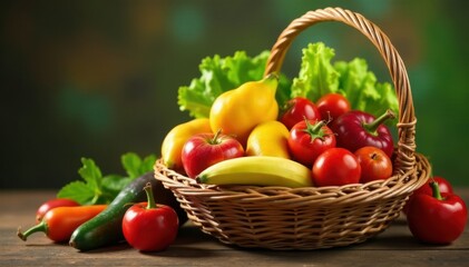 Colorful array of fresh fruits and vegetables in a handcrafted basket , produce, fresh, vitamins
