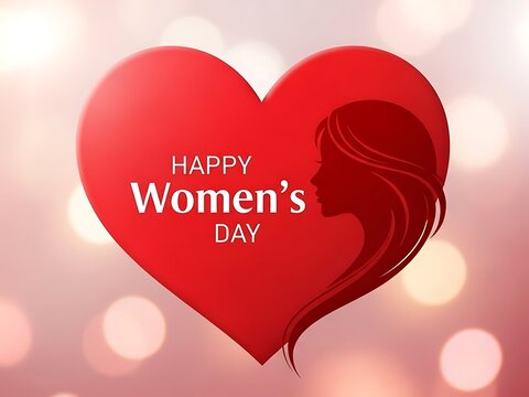 Happy womens day design with a red heart, womans silhouette, and elegant typography, set against a soft bokeh background, symbolizing empowerment