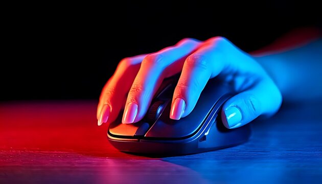 A hand with manicured nails rests atop a black computer peripheral, under dramatic red and blue lighting