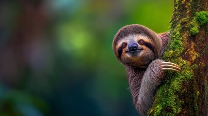 Obraz premium A playful sloth hangs from a mossy tree branch, smiling as it enjoys the calm of its rainforest home. Sunlight filters through the leaves, creating a magical atmosphere