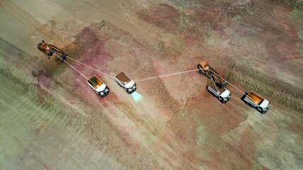 Mining trucks are controlled by a dispatch console to manage their entry order and scheduling, and future network innovations include automation and neural network 3D animation.