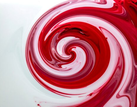 Swirling abstract of red and white liquid creating a spiral