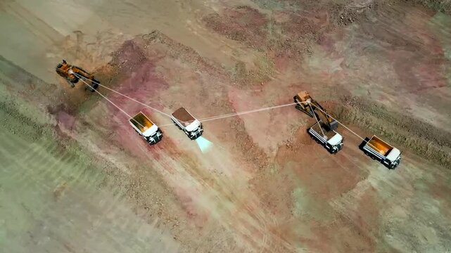 Mining trucks are controlled by a dispatch console to manage their entry order and scheduling, and future network innovations include automation and neural network 3D animation.