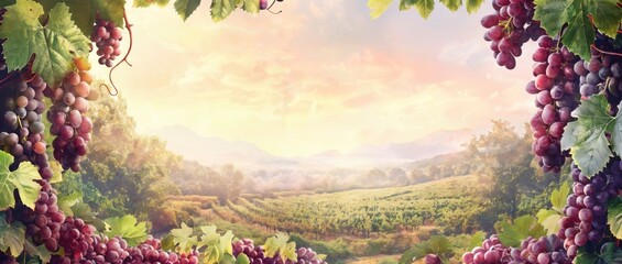 Sunlit Vineyard Landscape at Golden Hour with Grapevine Rows Framing a Scenic Countryside View
