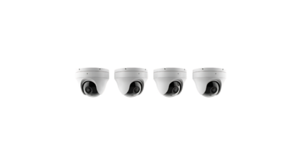 Four security cameras in a row isolated on transparent background